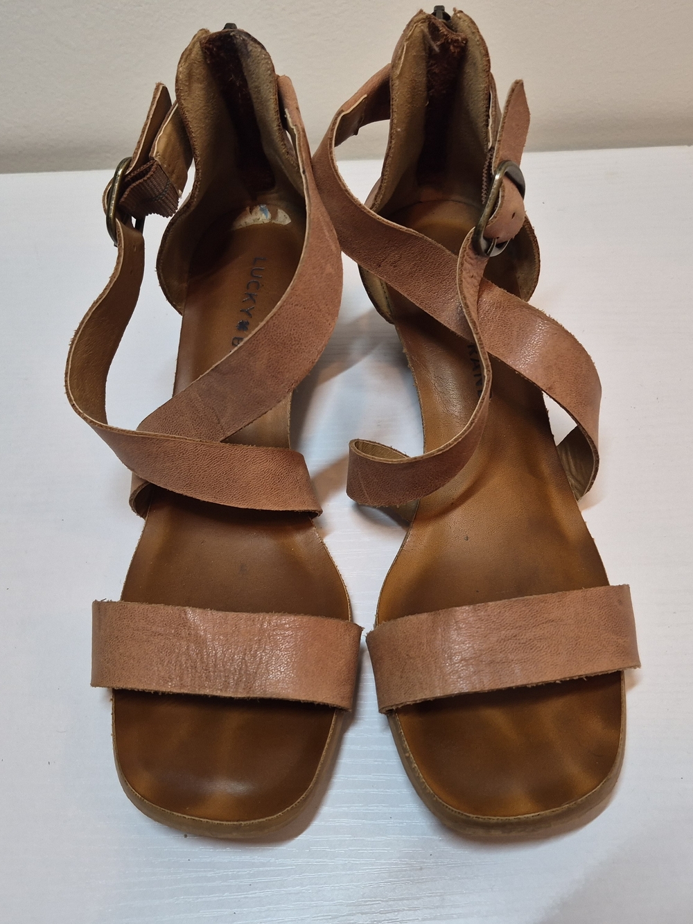 Lucky Brand Cognac Leather Crisscross Strap Sandals